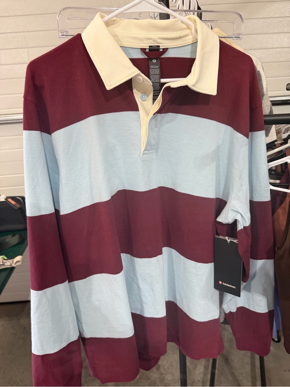 lululemon athletica Striped Rugby Polo in Burgundy, Light Blue & Cream
